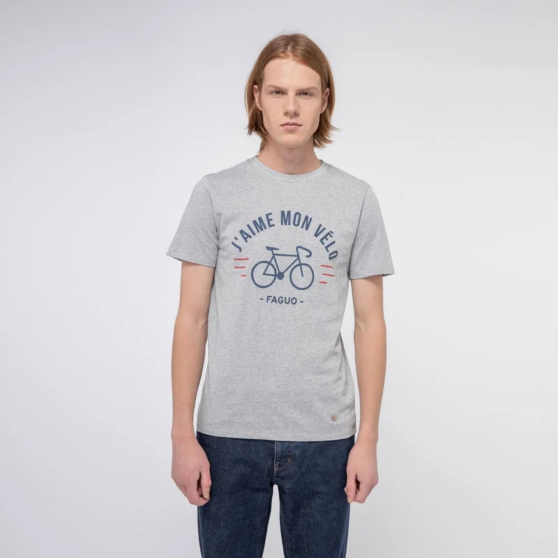 Grey round collar t-shirt "j'aime mon velo" in recycled cotton - Arcy bike