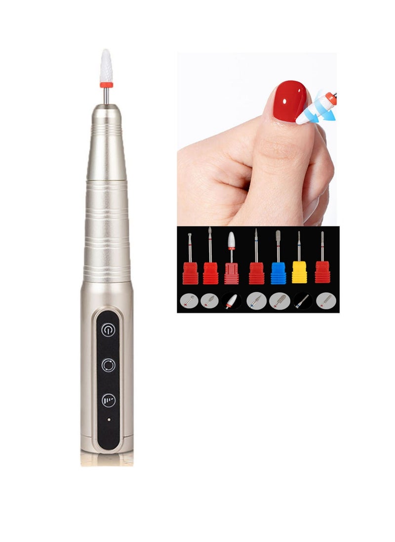 Miss Gooey Electric Nail Drill Set Machine File Filer Cordless Acrylic For Nails Portable Professional De Uñas Flawless Wireless With 7 Pcs Drill Bits Kit and Sanding Bands for Home Salon Use Gold  - Image 1