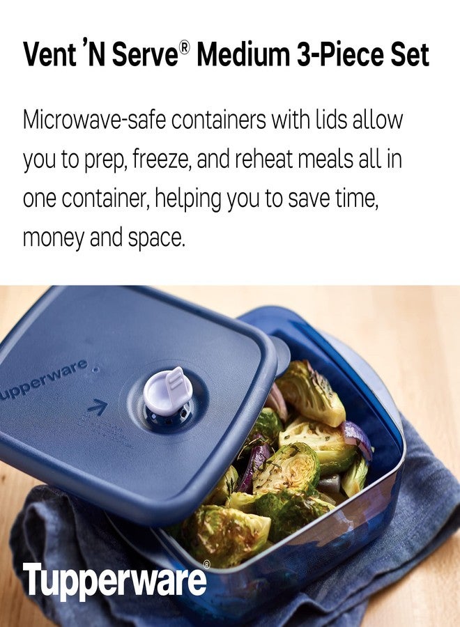 Tupperware Brand Vent ‘N Serve Container Set - 3 Medium Shallow Containers to Prep, Freeze & Reheat Meals + Lids - Dishwasher, Microwave & Freezer Safe - BPA Free - Image 2