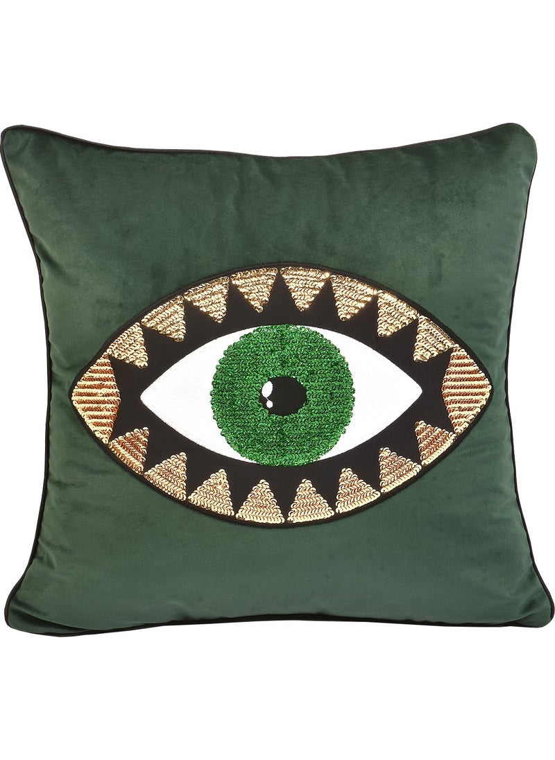 Ge Living - Green Velvet Gold Pillowcase with Green Eye Embroidery - Image 1
