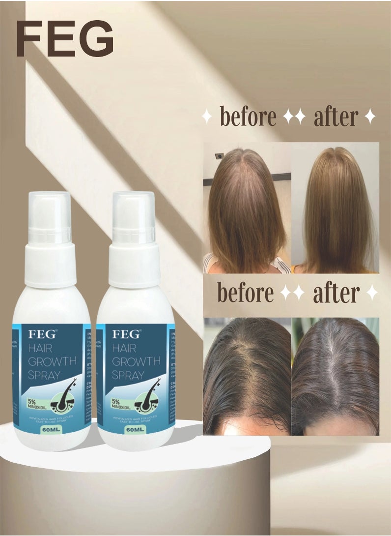 FEG 2 Pcs Hair Growth Spray 5% Minoxidil Hair Growth Oil Spray for Dry Damaged Hair and Growth Hair Scalp Oil Pure and Natural Hair Growth Serum Spray Hair Loss Treatment Oil Beard Growth Spray 60ml x 2 