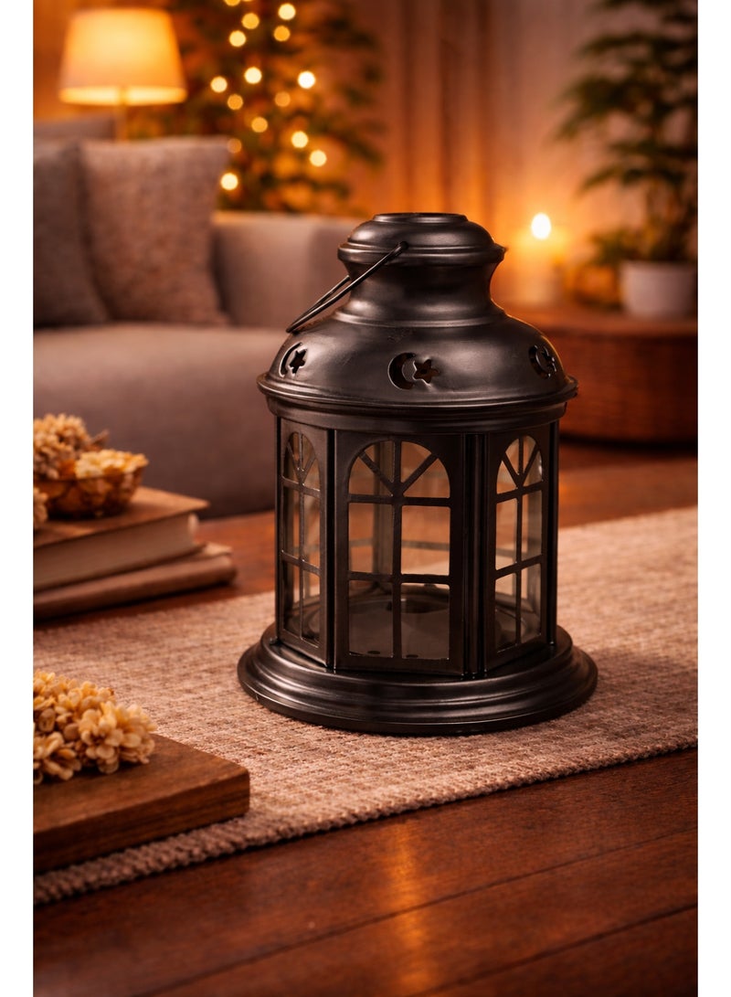فانوس ديكور معدني أسود 18 × 12 سم – ديكور رف وتعليق مناسب للبخور والشمع LED والحراري - Image 1
