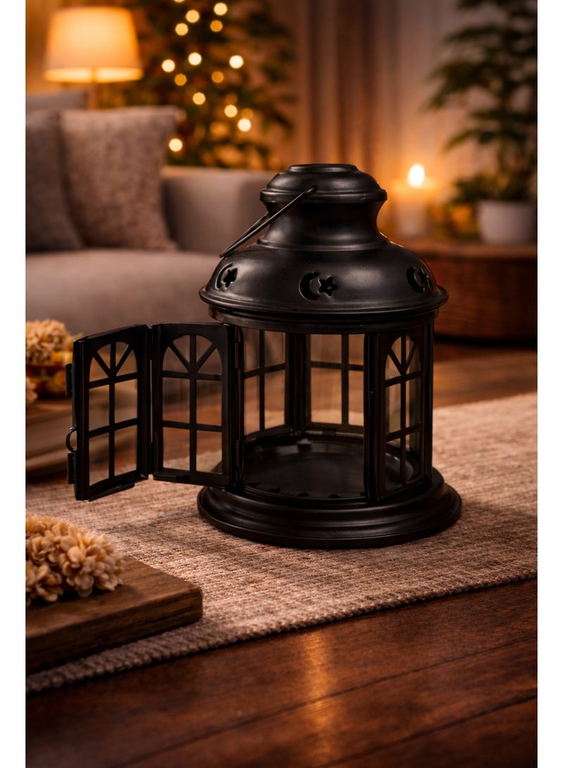 فانوس ديكور معدني أسود 18 × 12 سم – ديكور رف وتعليق مناسب للبخور والشمع LED والحراري - Image 2