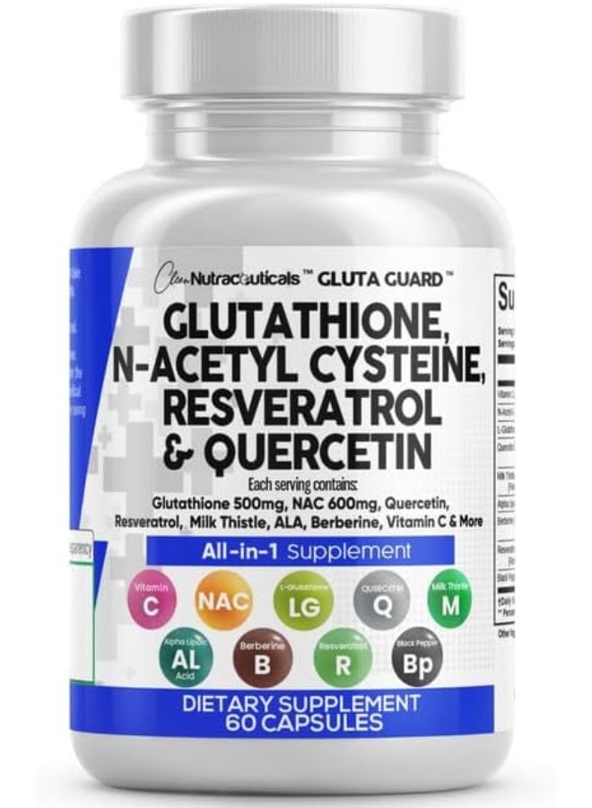 Clean Nutraceuticals مكمل جلاوتاثيون 500 ملغ من كلين نوتراسيتيكالز مع فيتامين سي وN أسيتيل سيستين 600 ملغ وباربيرين 1000 ملغ وريزفيراترول وكيرسيتين وحمض ألفا ليبويك - جلاوتاثيون L مخفض الشكل خالي من النساء 60 حبة صنع في الولايات المتحدة - Image 1