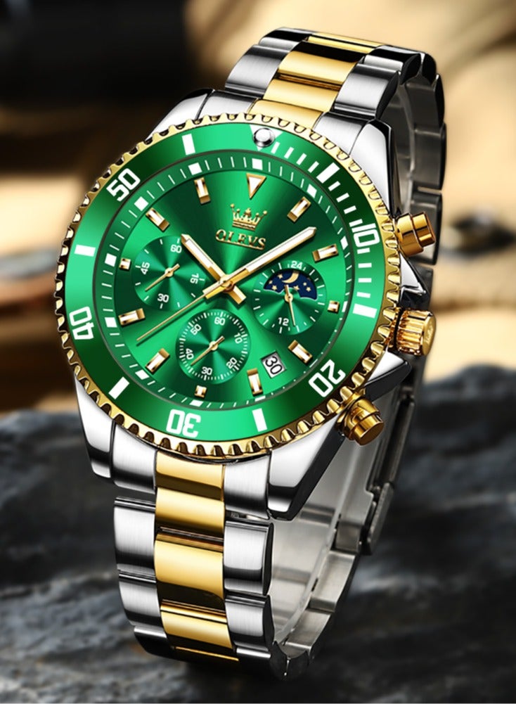 أوليفز ساعات رجالية كوارتز مقاومة للماء 42 مم OLEVS 2870 ذهبي/أخضر - Image 1