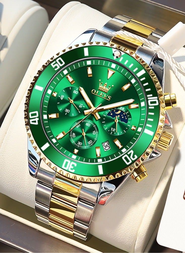 أوليفز ساعات رجالية كوارتز مقاومة للماء 42 مم OLEVS 2870 ذهبي/أخضر - Image 2