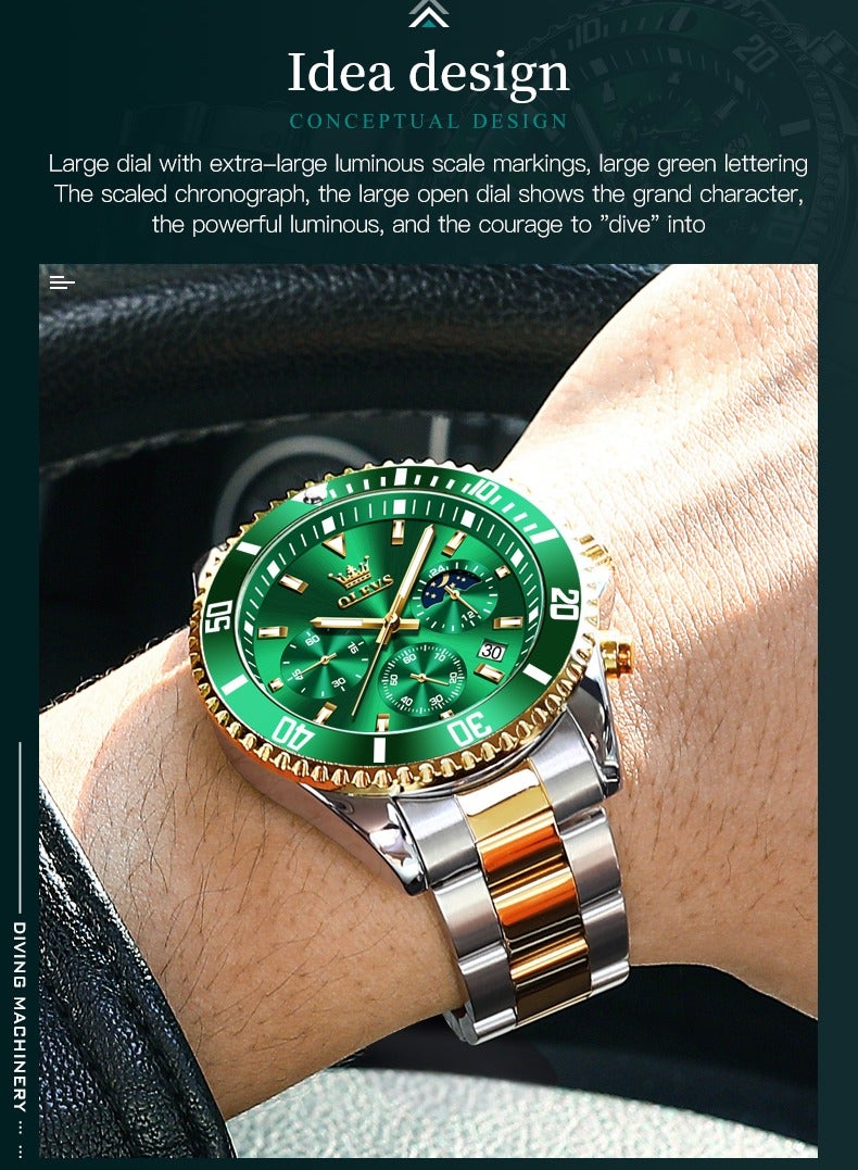 أوليفز ساعات رجالية كوارتز مقاومة للماء 42 مم OLEVS 2870 ذهبي/أخضر - Image 4