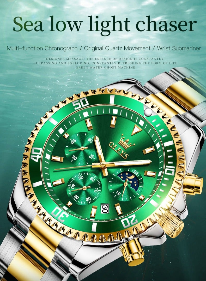 أوليفز ساعات رجالية كوارتز مقاومة للماء 42 مم OLEVS 2870 ذهبي/أخضر - Image 3