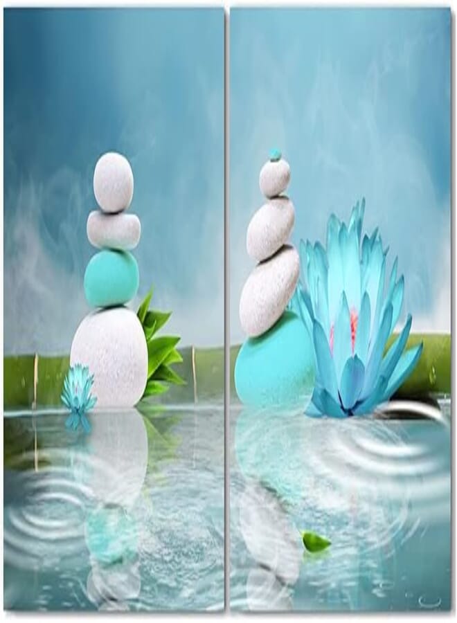Loomarte Zen Bathroom Decor Relaxing Wall Art, Zen Lotus Flowers Pebble Stone Blue Backgroud Poster Paintings Framed Modern Artwork for Living Room Spa Yoga Massage Treatment Office, 12"x 12"x 2panels 