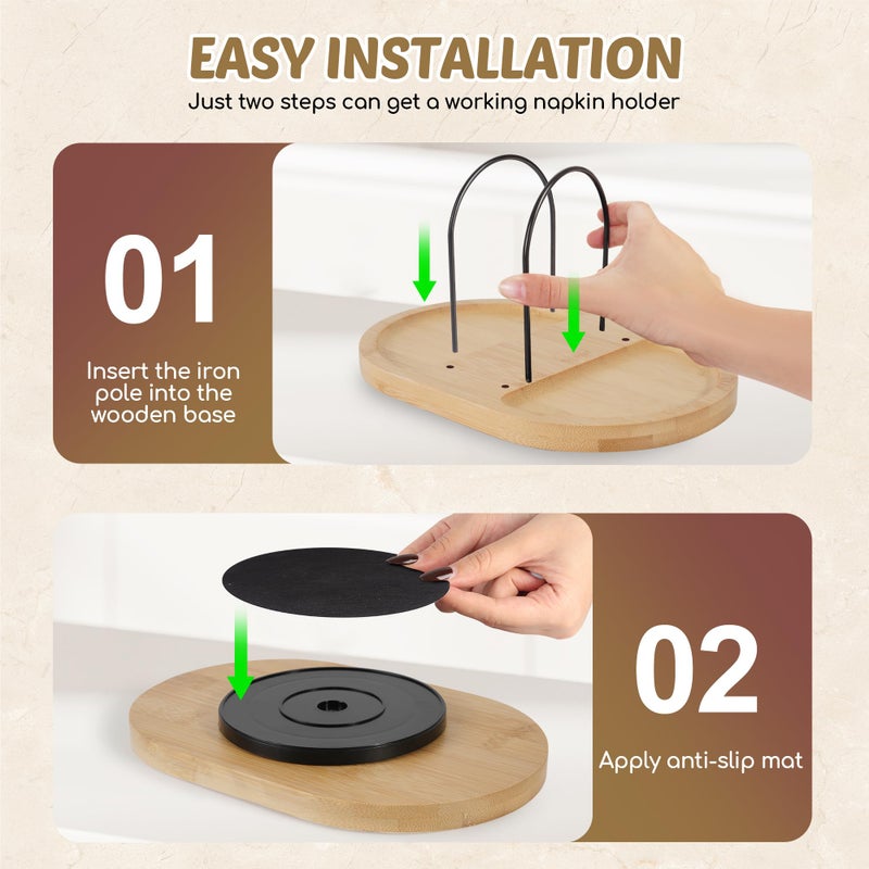 Primo Lines Rotating Napkin Holder for Table with Built-In Space for Salt and Pepper Shakers, Wooden Metal Caddy Rustic Table Organizer with 360 Degree Spin for Kitchen Decor and Accessories (Bamboo) - Image 3