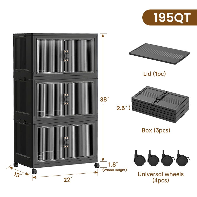 SAILUN 49Gal/195Qt Stackable Storage Bins Folding Collapsible Storage Bins with Lid, Closet Organizers and Storage Box with Door Black 22" W x 13" D x 38" H - Image 2