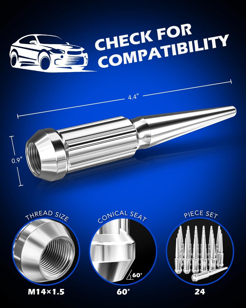 Orion Motor Tech 14x1.5 Lug Nuts Chrome 24 Piece, M14x1.5 Spike Lug Nuts Wheel Accessories Compatible with Chevy Ram Ford and GMC - Image 2