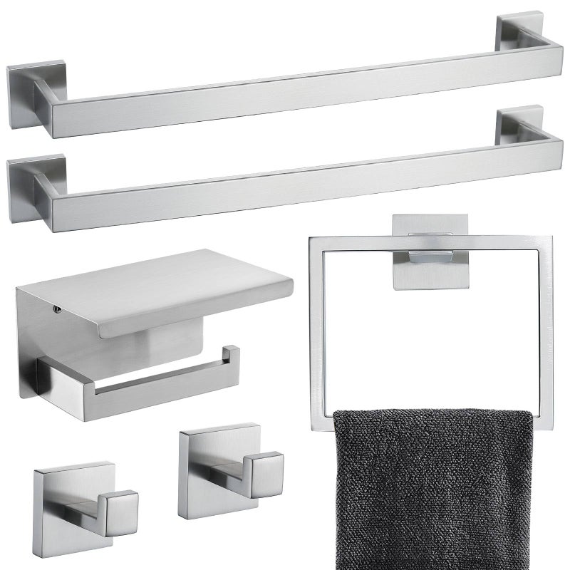 Brushed Nickel Bathroom Towel Bar Set Bathroom Accessories Hardware Set Including Double Towel Bar Towel Ring Coat Hook and Toilet Paper Holder with Shelf Wall Mounted Stainless Steel