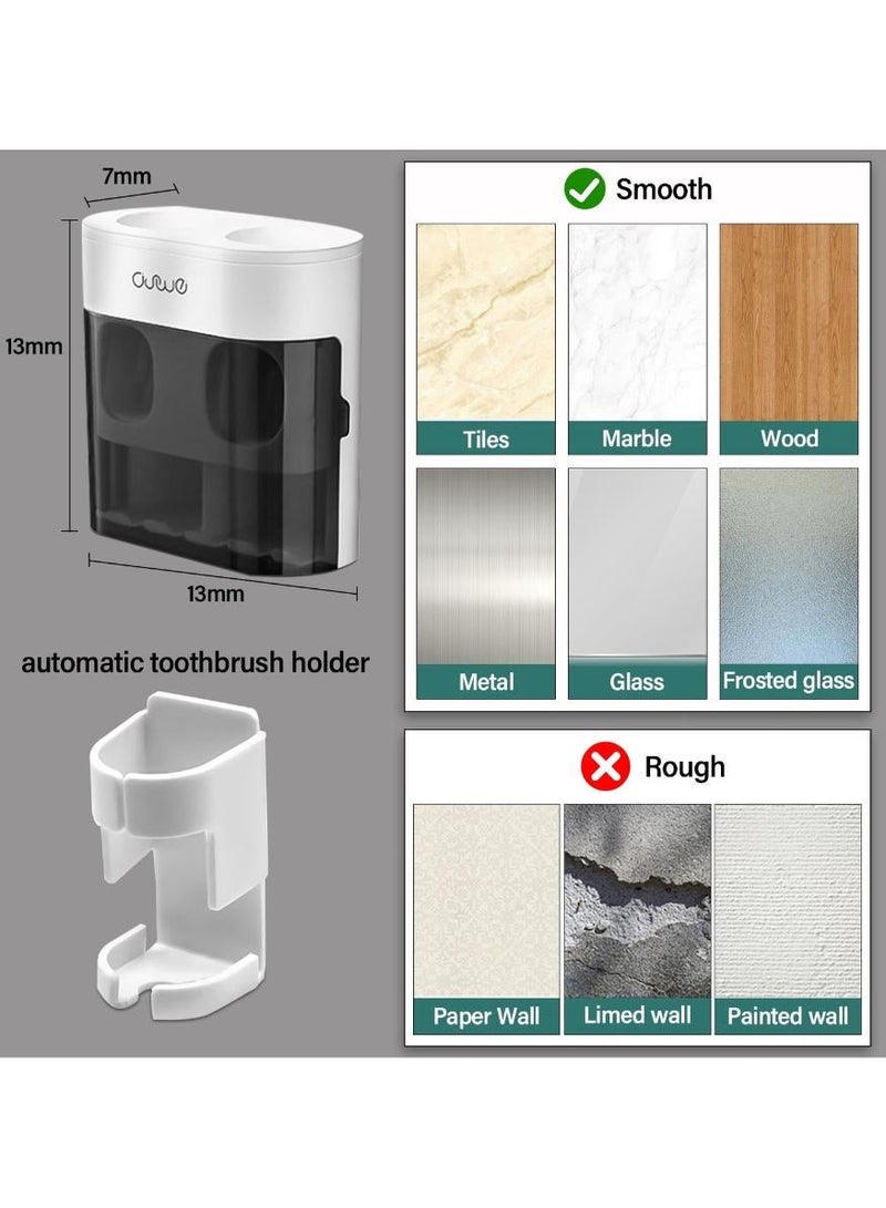 بيتنا حامل فرشاة أسنان جداري موزع معجون أوتوماتيكي غطاء مقاوم للغبار، حامل فرشاة أسنان جداري بدون حفر منظم ٤ فتحات فرشاة ٢ عصارة معجون، رف تخزين فرشاة أسنان حمام طقم عصارة معجون عائلي للأطفال والكبار منزل - Image 2