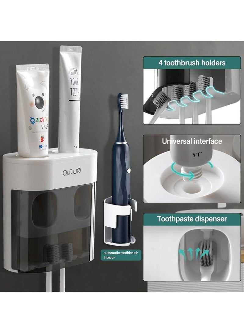 بيتنا حامل فرشاة أسنان جداري موزع معجون أوتوماتيكي غطاء مقاوم للغبار، حامل فرشاة أسنان جداري بدون حفر منظم ٤ فتحات فرشاة ٢ عصارة معجون، رف تخزين فرشاة أسنان حمام طقم عصارة معجون عائلي للأطفال والكبار منزل - Image 4