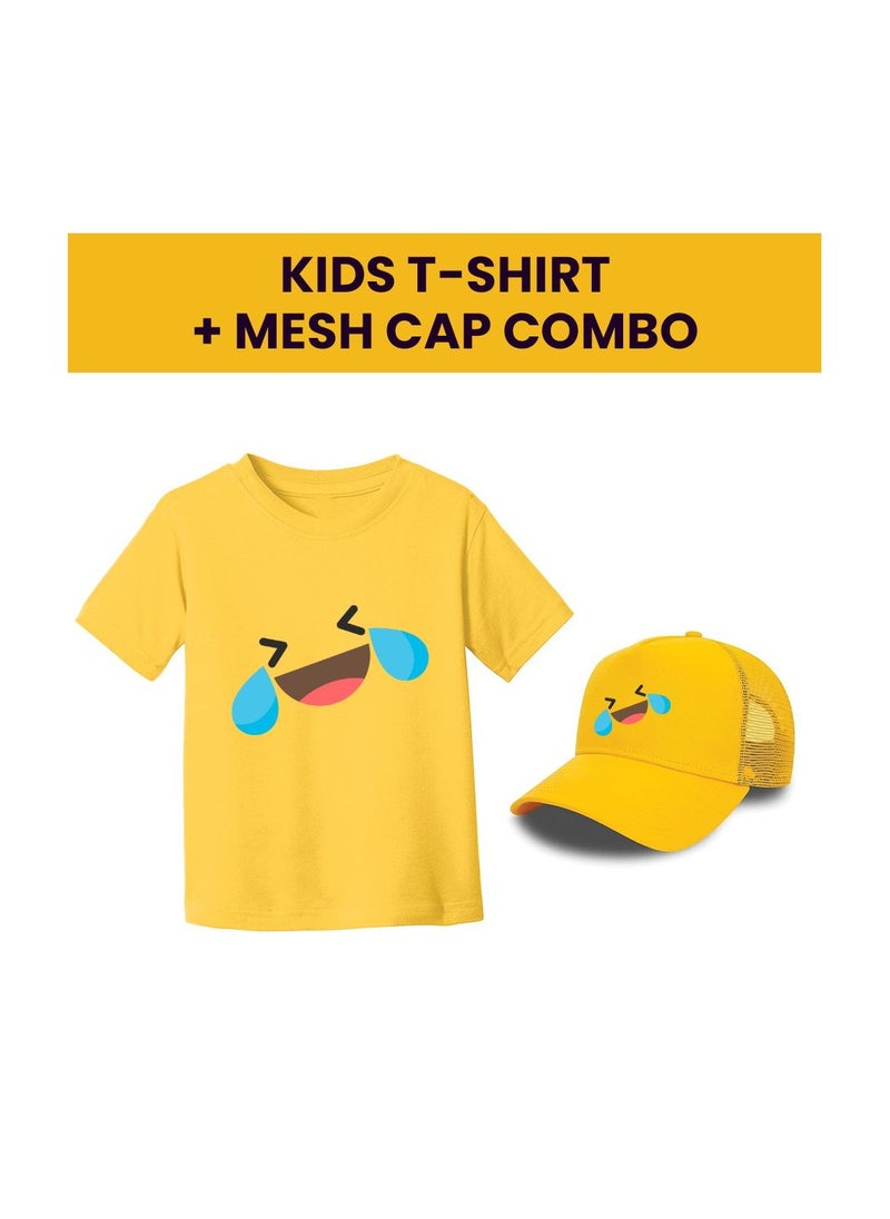 PRINTSHOP4ME - Kids Yellow Smiley Face Pack Of 2 T-Shirt And Cap Combo–Unisex Round Neck Short Sleeve Cotton T-Shirt - Image 1