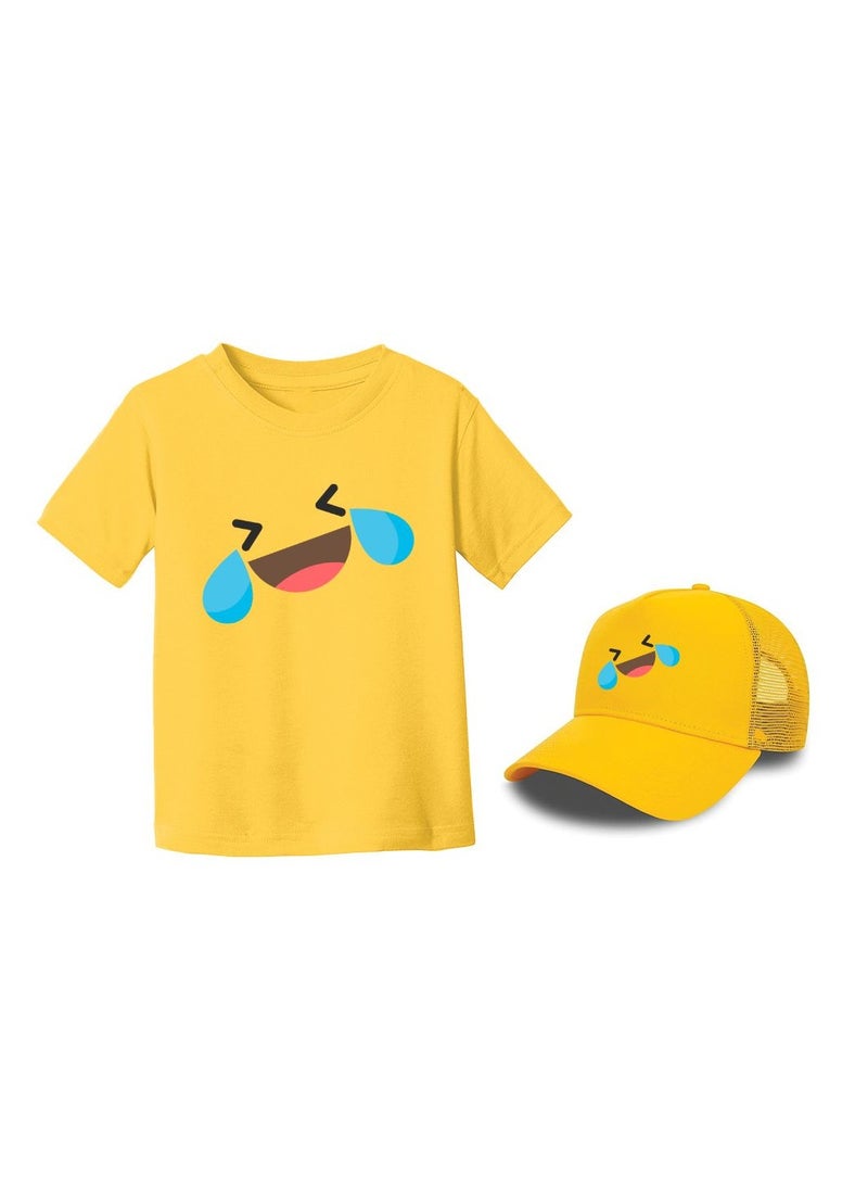 PRINTSHOP4ME - Kids Yellow Smiley Face Pack Of 2 T-Shirt And Cap Combo–Unisex Round Neck Short Sleeve Cotton T-Shirt - Image 1