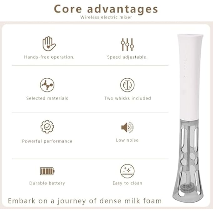 إكسفور جهاز خفق حليب صغير محمول للقهوة واللاتيه، خلاط حليب كهربائي لاسلكي محمول باليد مع خفّاقتين قابلتين للإزالة، 3 سرعات، صانع رغوة من الفولاذ المقاوم للصدأ لتحضير الكابتشينو وشاي الماتشا والمزيد - Image 3