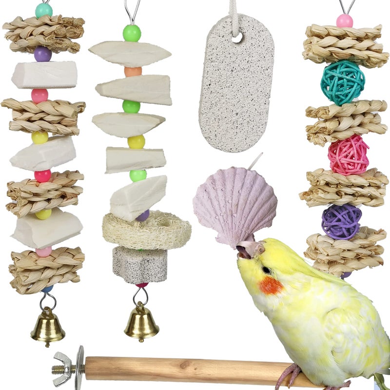Qimilenzy Parrot Chewing Toys 6 pcs Natural Cuttlebone Bird Beak Trimmer Grinding Stone Lava Block Calcium Stone Bird Perch Cage Toys for Small and Medium Parakeets Cockatiels Conures Budgies Lovebirds - Image 2