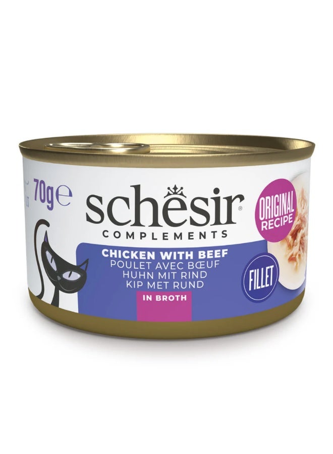 Schesir Complements Cat Wet Food in Broth - Chicken with Beef 70g x 12 Pcs - Image 1