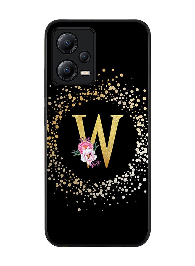 Stylizedd Cover for Poco X5 / Redmi Note 12 5G, Rugged Black Slim fit Protective Phone Cases - Custom Monogram Initial Letter Floral Pattern Alphabet -W (Black) - Image 1