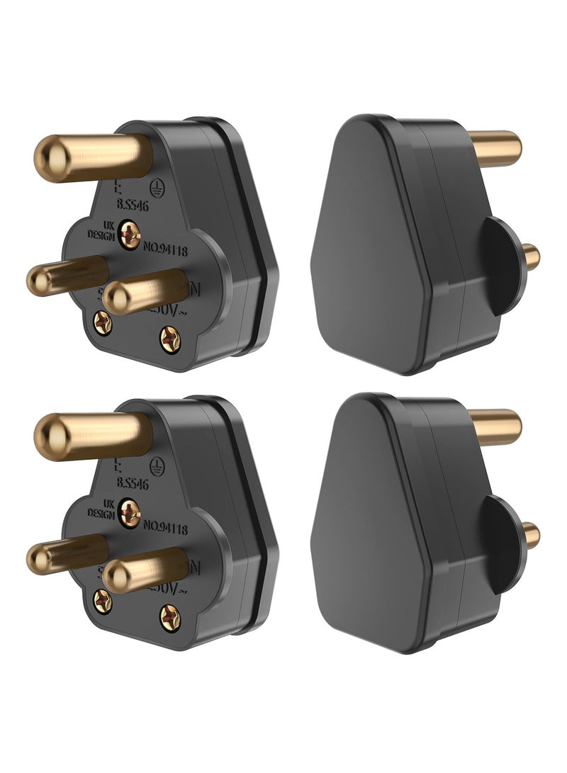 4 Pcs 3-Pin Mains Plugs, Type-D Round Pin Mains Plug, 5A 250V UK Standard Mains Plug, Household Small Power Mains Plug for Light and Lamp (Black)  - Image 1