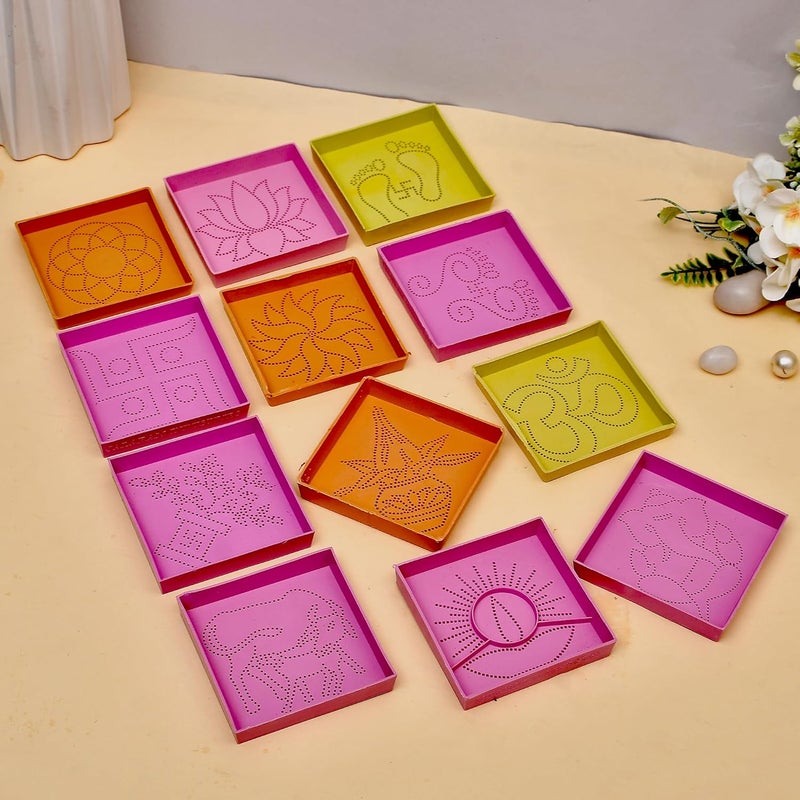 Craftam Different Design Ready to Draw Rangoli Making Stencils – 12 Pcs Plastic Stencils for Floor Decoration, Easy Diwali Rangoli Art Tools (3x3 Inch Each) - Image 1