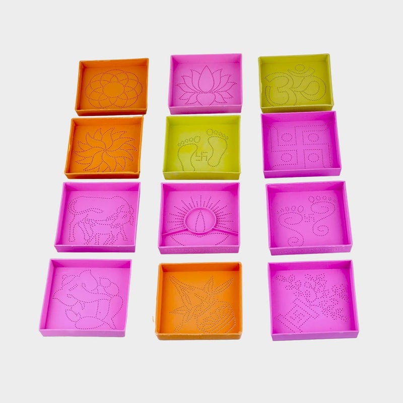 Craftam Different Design Ready to Draw Rangoli Making Stencils – 12 Pcs Plastic Stencils for Floor Decoration, Easy Diwali Rangoli Art Tools (3x3 Inch Each) - Image 2
