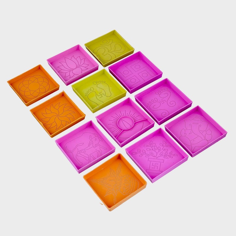 Craftam Different Design Ready to Draw Rangoli Making Stencils – 12 Pcs Plastic Stencils for Floor Decoration, Easy Diwali Rangoli Art Tools (3x3 Inch Each) - Image 3
