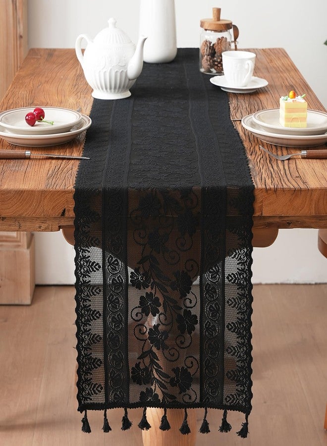 timecity Black Lace Table Runner Boho Table Runner with Tassels Vintage Rustic Table Runners for Kitchen Dining Home Table Decorations (12x89 inch,Tassel Included - Image 5