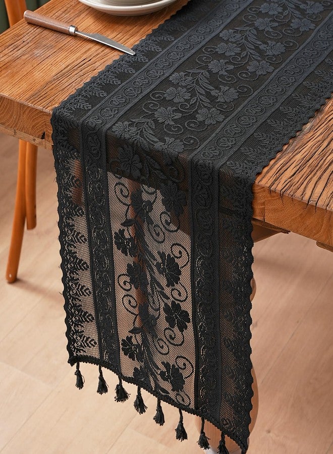 timecity Black Lace Table Runner Boho Table Runner with Tassels Vintage Rustic Table Runners for Kitchen Dining Home Table Decorations (12x89 inch,Tassel Included - Image 4