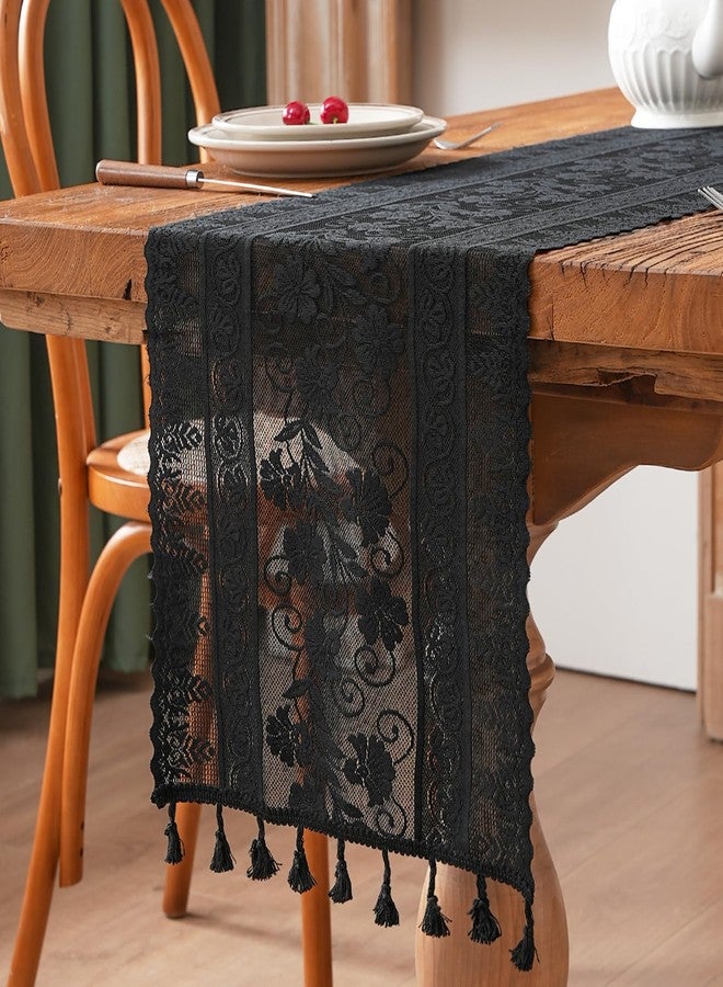 timecity Black Lace Table Runner Boho Table Runner with Tassels Vintage Rustic Table Runners for Kitchen Dining Home Table Decorations (12x89 inch,Tassel Included - Image 1