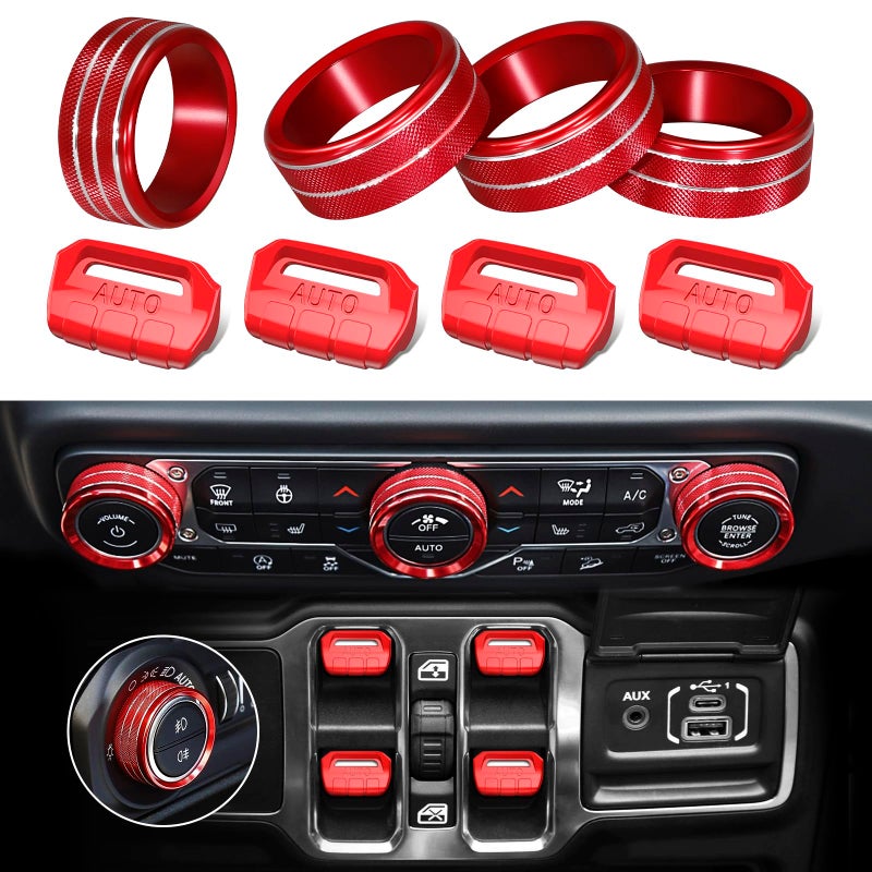 MOCHENT 8Pcs Button Knob Cover for Jeep Wrangler JL JLU 20182025 2026 Gladiator JT 20202025 2026 Accessories JL Window Switch Button Cover Volume Radio Air Conditioner Headlight Switch Knob Cover Red - Image 2