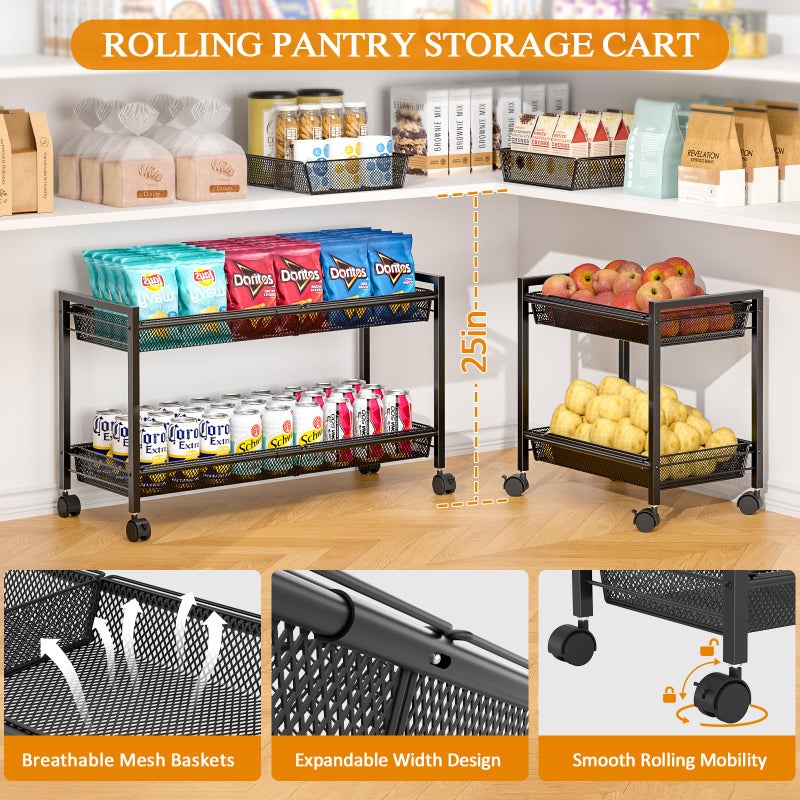 3IngSeagulls 2-Tier Expandable Rolling Pantry Floor Organizer, Stackable Pantry Storage Cart with Wheels, Kitchen Fruit and Vegetable Storage Rack for Onion, Potato, Food, Snacks - Image 4