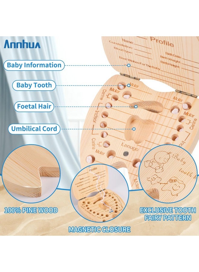 Annhua صندوق جنية الأسنان من أنهوى - صندوق لحفظ الحبل السري للأولاد، صندوق أسنان خشبي لحفظ أسنان الأطفال - لتخزين 20 سن لبني متساقط، شعر جنيني وتسجيل معلومات الطفل - Image 2