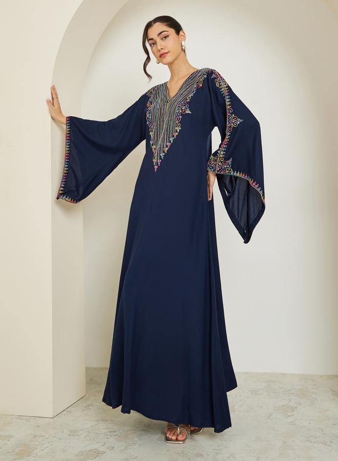 Amirah Navy Blue Embroidered A-Line Jalabiya - Image 3