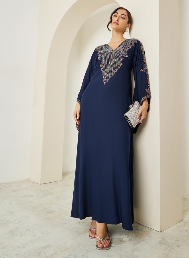 Amirah Navy Blue Embroidered A-Line Jalabiya - Image 1