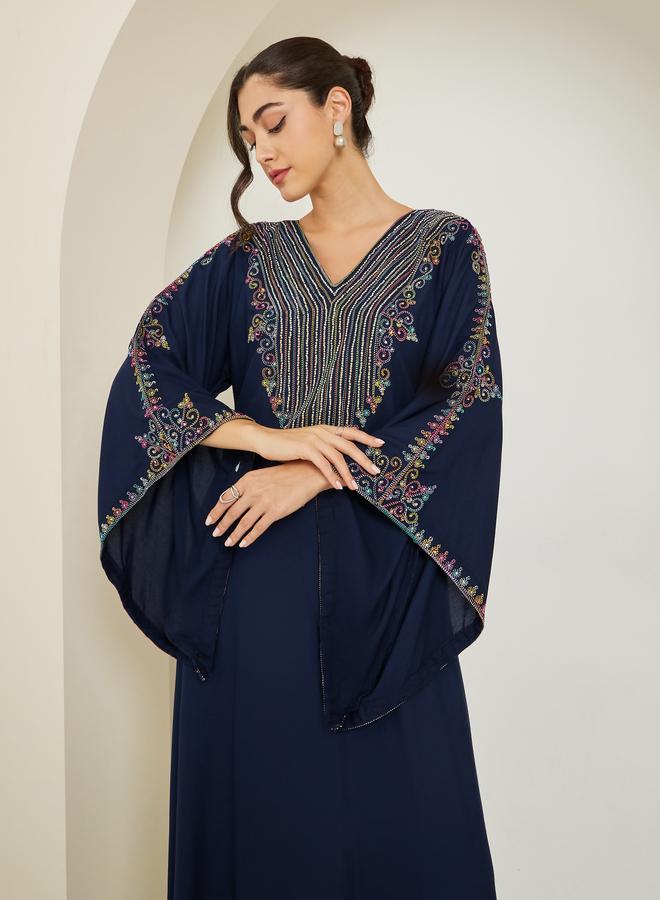 Amirah Navy Blue Embroidered A-Line Jalabiya - Image 2