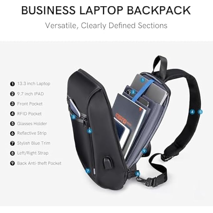 KINGSONS Laptop Sling Backpack Anti Theft Bag Hiking Daypack 13 Inch Waterproof Nylon Travel Bags for Men Single Shoulder Camping Dayback with USB Charging Port TSA Lock for Traveling - Image 3