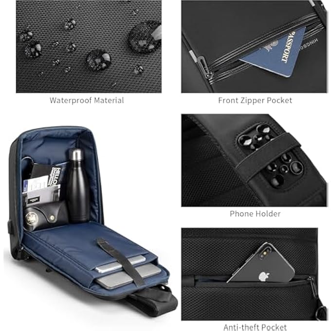 KINGSONS Laptop Sling Backpack Anti Theft Bag Hiking Daypack 13 Inch Waterproof Nylon Travel Bags for Men Single Shoulder Camping Dayback with USB Charging Port TSA Lock for Traveling - Image 4