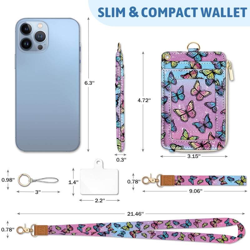 Piefly Butterfly Lanyard Wallet with ID Badge Holder, Small RFID Wallet Women Keychain Wristlet, Slim Credit Card Holder Case with Zipper Pocket Phone Lanyard Wrist Strap Name Tag Office Teacher Gift - Image 4