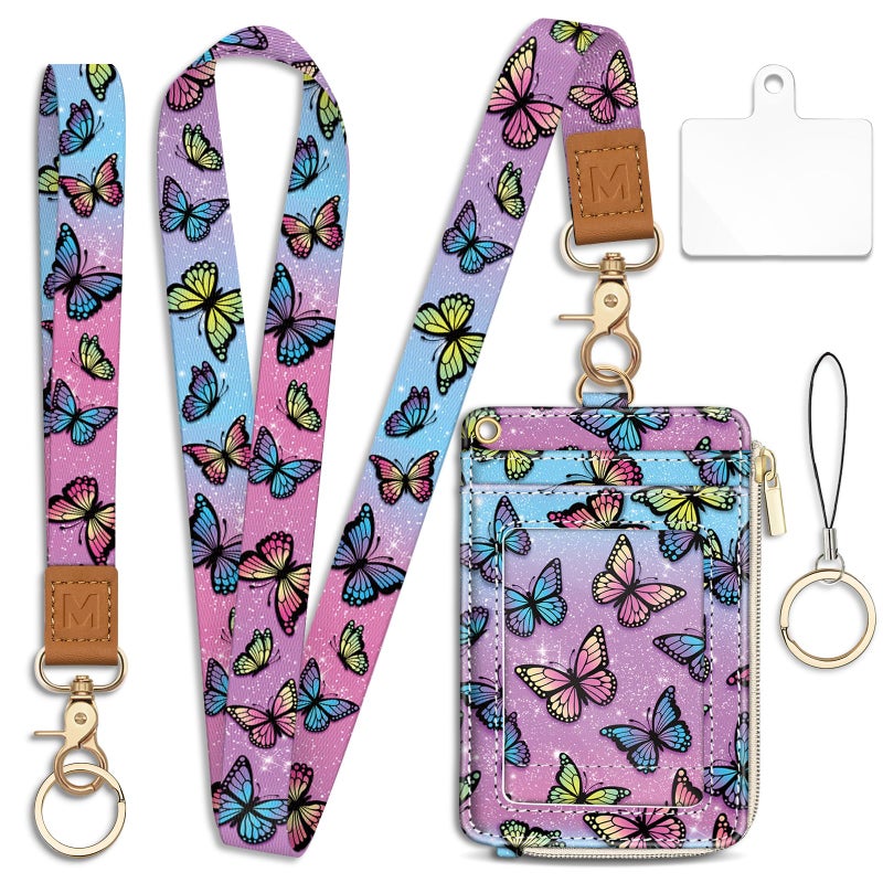 Piefly Butterfly Lanyard Wallet with ID Badge Holder, Small RFID Wallet Women Keychain Wristlet, Slim Credit Card Holder Case with Zipper Pocket Phone Lanyard Wrist Strap Name Tag Office Teacher Gift - Image 1