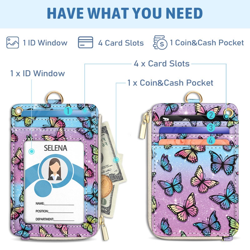 Piefly Butterfly Lanyard Wallet with ID Badge Holder, Small RFID Wallet Women Keychain Wristlet, Slim Credit Card Holder Case with Zipper Pocket Phone Lanyard Wrist Strap Name Tag Office Teacher Gift - Image 3