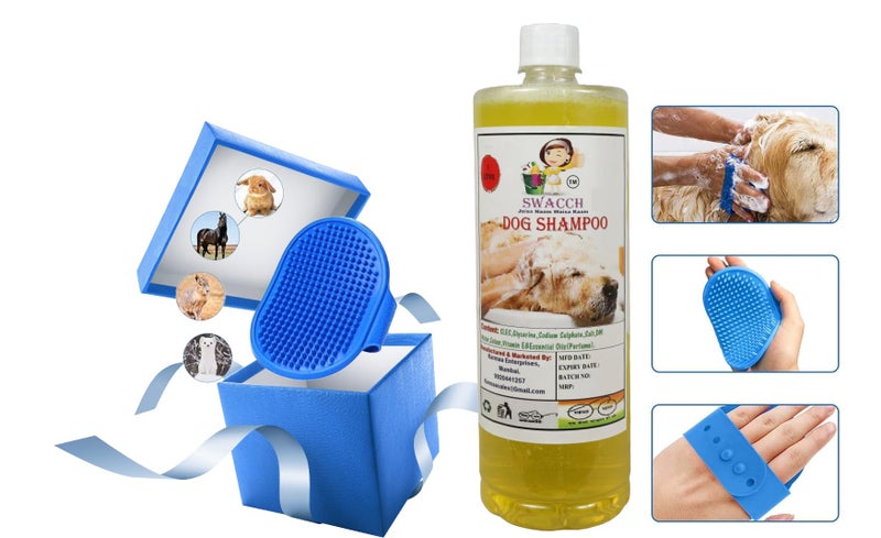 swacch Shampoo | Puppy Safe Shampoo | PH Balanced | Dog Shampoo 1 Litre Lemon + | Rubber Bath Brush with Adjustable Straps | Pet Massage | Soothing Bristles Hand Brush I Combo Pack - Image 2