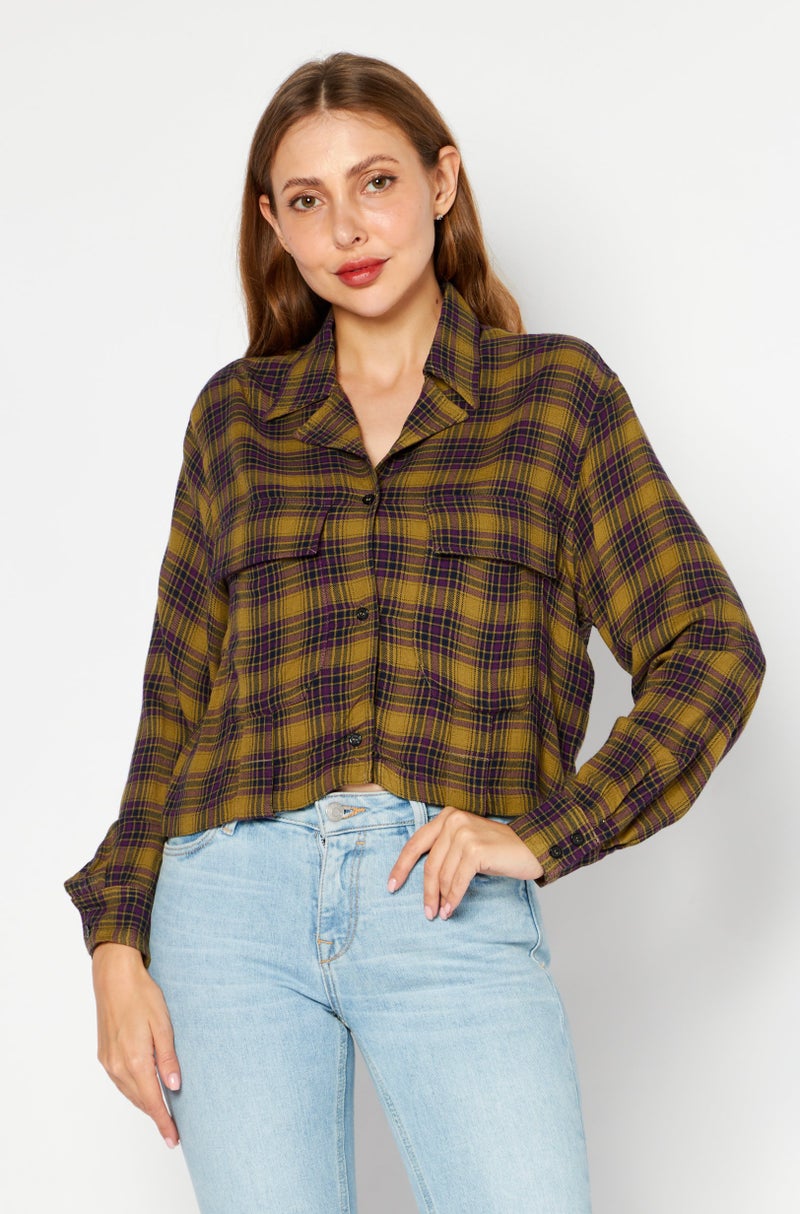 DIESEL Women Spread Collar Long Sleeve Plaid Shirts, Olive Combo  - Image 1