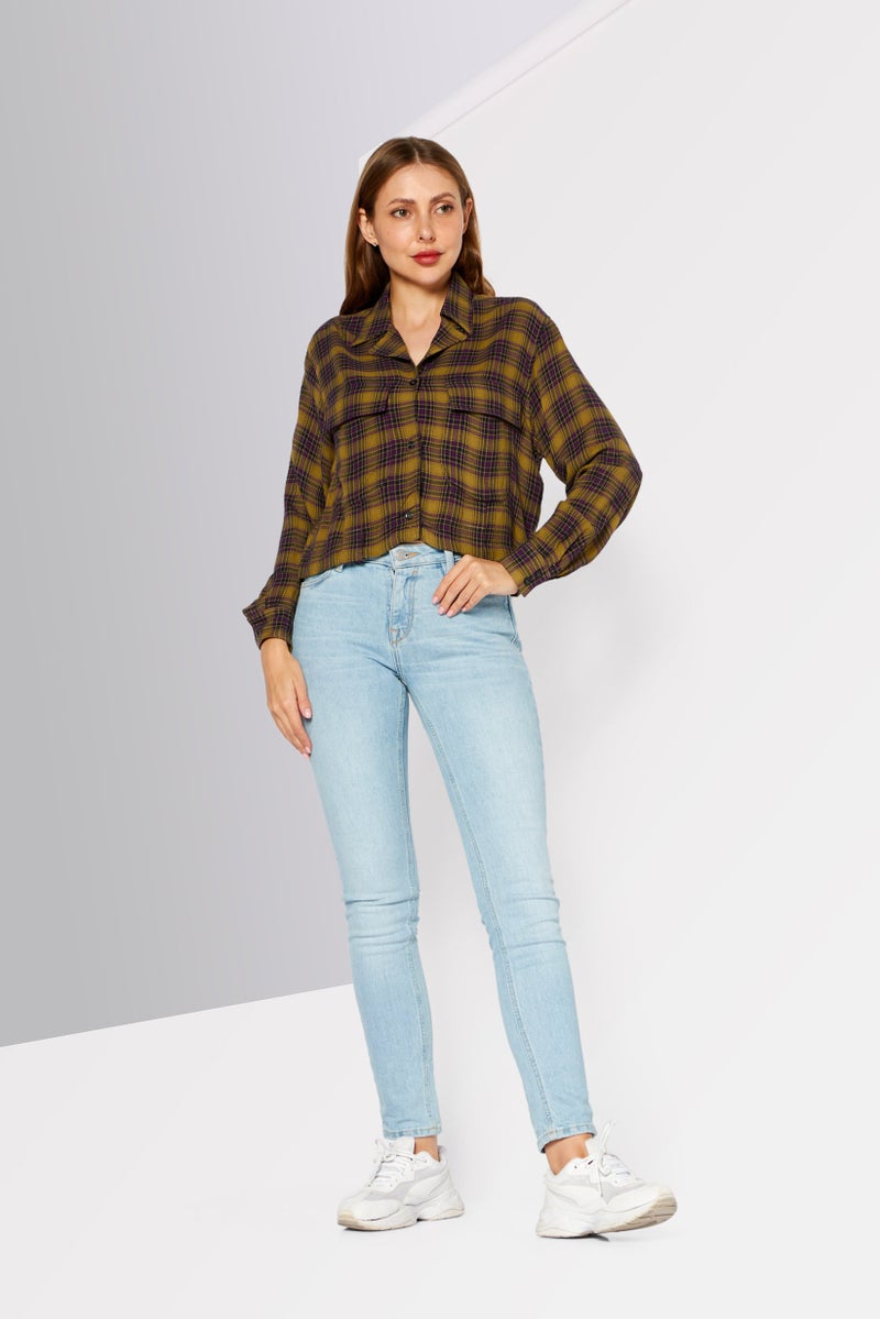 DIESEL Women Spread Collar Long Sleeve Plaid Shirts, Olive Combo  - Image 2