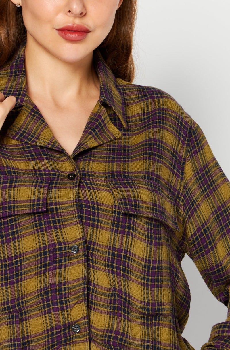 DIESEL Women Spread Collar Long Sleeve Plaid Shirts, Olive Combo  - Image 4