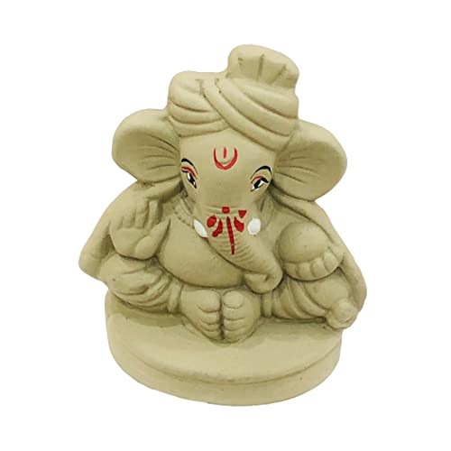 SHOPMEFAST Eco Friendly Handcrafted Clay/Mud Ganpati Murti Biodegradable Kacchi Mitti Ganesha Water Soluble Ganesh Idol for Ganpati Visarjan (H:4 Inch Small) - Image 1