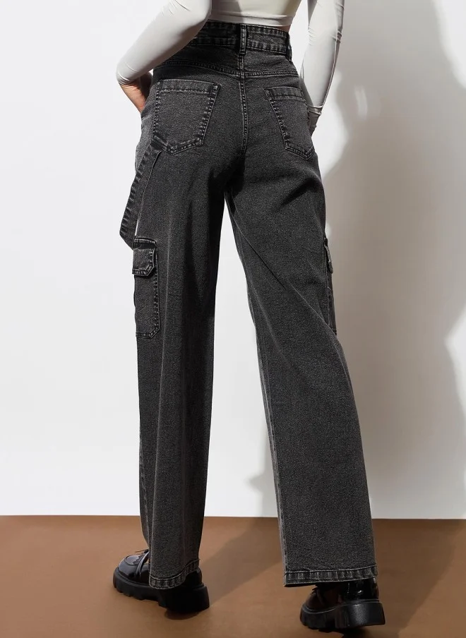 ساسافراس Comfort Wide Leg Black Cargo Jeans for Women