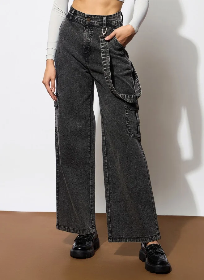ساسافراس Comfort Wide Leg Black Cargo Jeans for Women